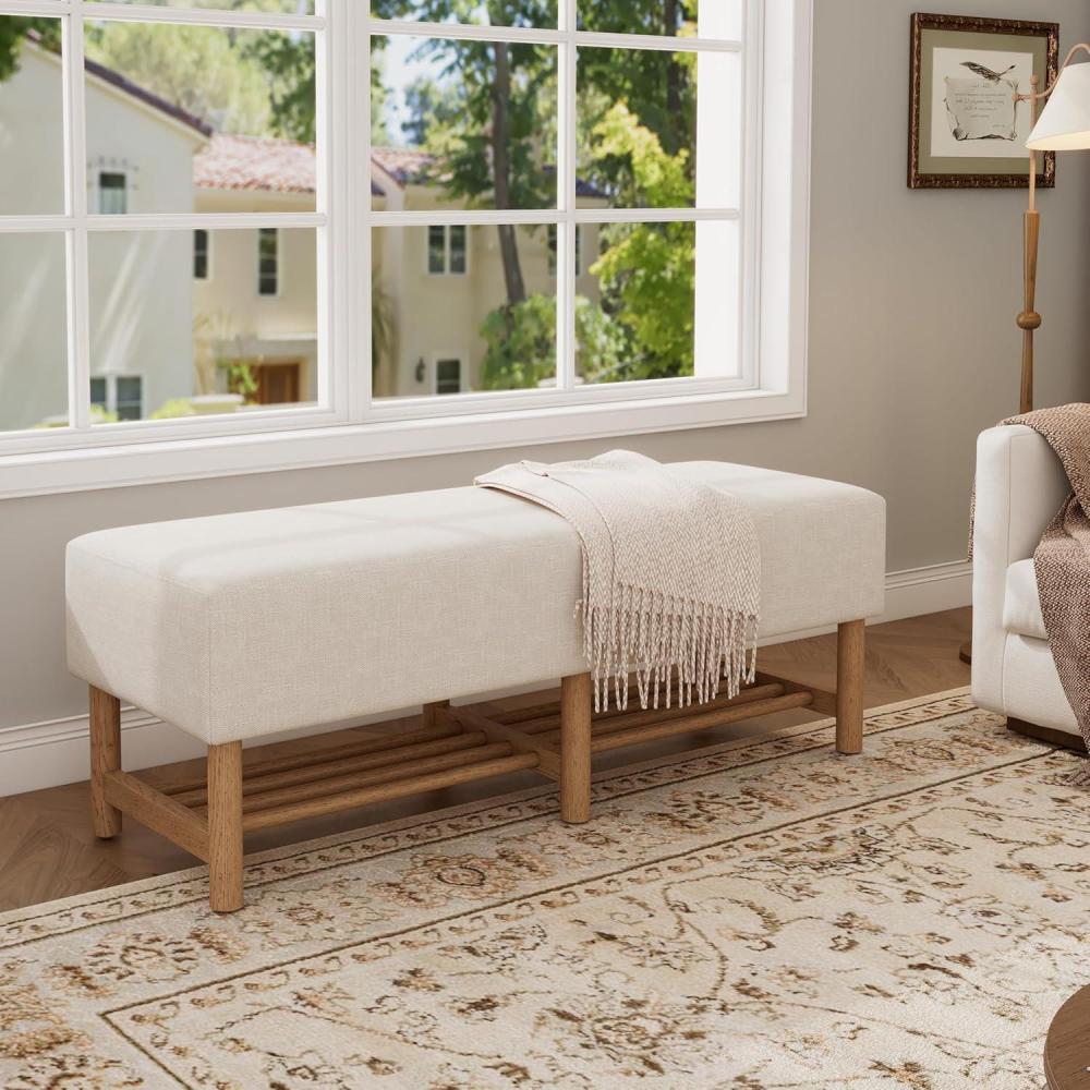 image:imageChristopher Knight Home Misty Modern Upholstered Entryway Bench Solid Wood Storage Ottoman Bench 2Tier Shoe Bench with Shelf Ottoman End of Bed Bench for Bedroom BeigeNatural