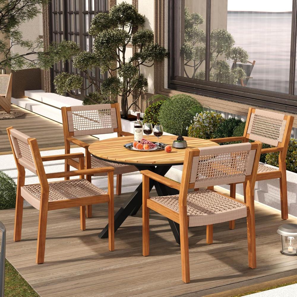 image:imageChristopher Knight Home Rlyn 5 Pieces Patio Dining Set Rope Acacia Wood Dining Chair Woven Armchairs Round Wood Table for 4 Outdoor Table and Chair for Garden Backyard Poolside Light BrownTeakTeak Finish  Light Brown Ropeteak Finish Table Topblack Metal Table Leg