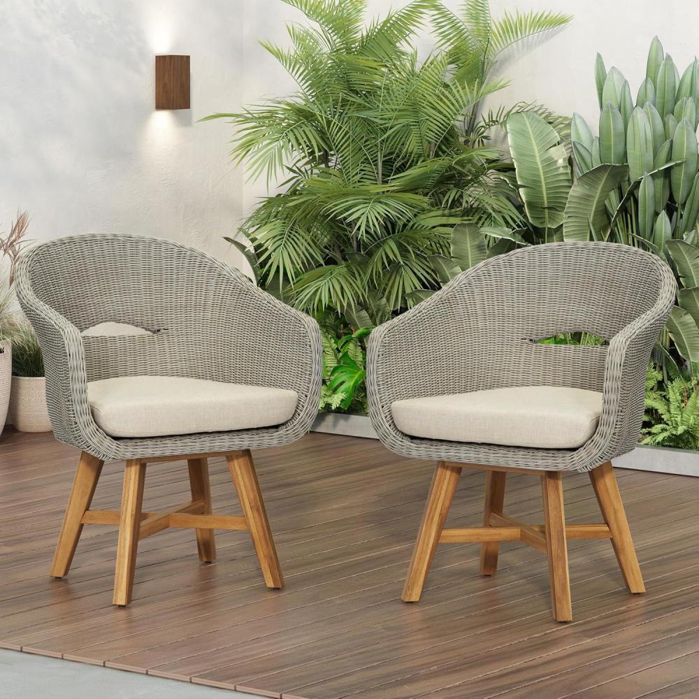 image:imageChristopher Knight Home Set of 2 Halsey Patio PE Wicker Acacia Wood Dining Chairs Outdoor Woven Rattan Accent Chair with Metal FrameCushion Lounge Chair Outdoor for Garden GreyBeigeNatural