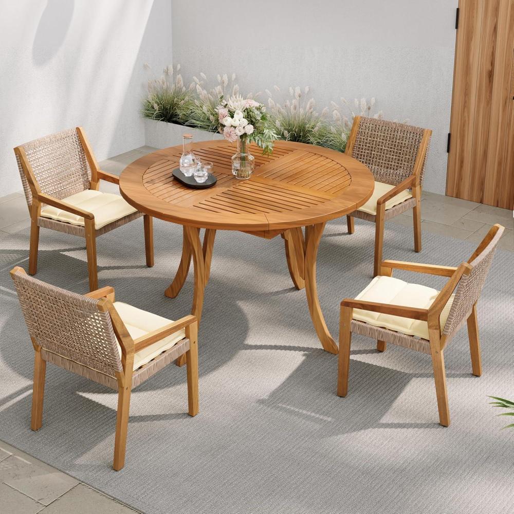 image:imageChristopher Knight Home Verle Wooden Patio Dining Set for 4 Acacia Wood Outdoor Dining Table Set for 4 5 Piece Outdoor Dining Set with Round Table and Armchair with Seat Cushion TeakBeige