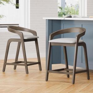 Christopher Knight Home Alame 25.25”H Rubberwood Barstools Set of 2, Curved Backrest Counter Stool, Upholstery Bar Chair, Sturdy Structure Counter Chair for Kitchen Home Bar, Dark Gray+Natural(Gray+beige)