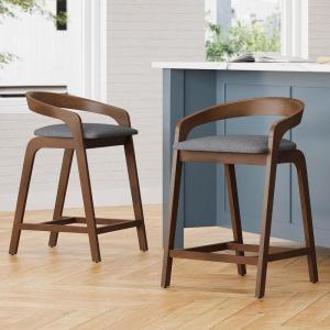 Christopher Knight Home Alame 25.25”H Rubberwood Barstools Set of 2, Curved Backrest Counter Stool, Upholstery Bar Chair, Sturdy Structure Counter Chair for Kitchen Home Bar, Dark Gray+Natural(Dark Gray+natural)