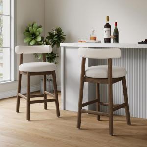 Christopher Knight Home Annes Counter Height Bar Stools Set of 2, Boucle Fabric Round Bar Stool for Kitchen Island, Wooden Dining Room Chair, Counter Stool with Footrest, Natural+Milky White(Walnut+milky White)