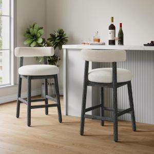 Christopher Knight Home Annes Counter Height Bar Stools Set of 2, Boucle Fabric Round Bar Stool for Kitchen Island, Wooden Dining Room Chair, Counter Stool with Footrest, Natural+Milky White(Black+milky White)