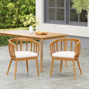 Christopher Knight Home Belas Patio Acacia Wood Dining Chairs Set of 2, Wooden Outdoor Dining Armchair Set with Removable Cushions, Comfy Lounge Chair Outdoor with Curved Backrest, Teak+Beige