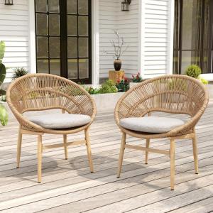 Christopher Knight Home Cyril Papasan Chair Set of 2, Patio Wicker Dining Chair, Patio Furniture Set, Comfy Reading Single Sofa with Cushion, Light Brown+Beige(Light Brown+beige)