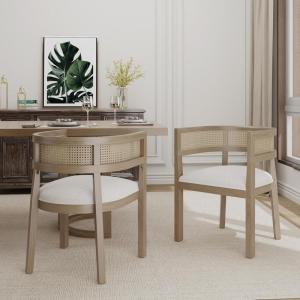 Christopher Knight Home Gilda Modern Dining Chairs Set of 2, Boucle Upholstered Kitchen Side Chair with Rattan Backrest, Wooden Living Room Extra Seat, Comfy Reading Chair for Bedroom, Beige+Walnut(Beige+natural)