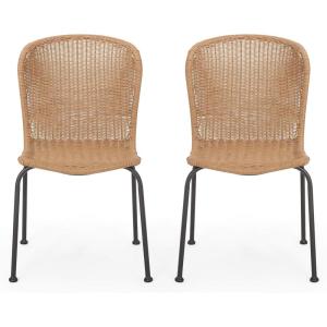 Christopher Knight Home Kixi Set of 2 Dining Chairs, Faux Rattan Outdoor Accent Seating with Iron Frame, Armless Design for Patio, Poolside/Garden, Grey(Light Brown  Black)