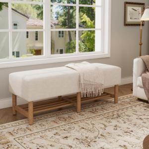 Christopher Knight Home Misty Modern Upholstered Entryway Bench, Solid Wood Storage Ottoman Bench, 2-Tier Shoe Bench with Shelf, Ottoman End of Bed Bench for Bedroom, Beige+Natural
