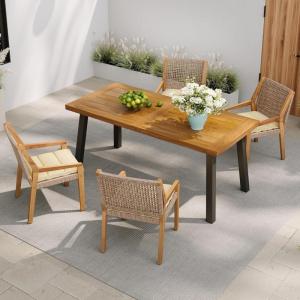 Christopher Knight Home Palin Wooden Patio Dining Set for 4, Acacia Wood Outdoor Dining Table Set for 4, 5 Piece Outdoor Dining Set with Rectangular Table and Armchair with Seat Cushion, Teak+Beige