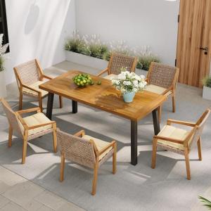 Christopher Knight Home Palin Wooden Patio Dining Set for 6, Acacia Wood Outdoor Dining Table Set for 6, 7 Piece Outdoor Dining Set with Rectangular Table and Armchair with Seat Cushion, Teak+Beige