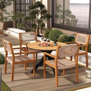 Christopher Knight Home Rlyn 5 Pieces Patio Dining Set, Rope Acacia Wood Dining Chair, Woven Armchairs, Round Wood Table for 4, Outdoor Table and Chair for Garden, Backyard, Poolside, Light Brown+Teak(Teak Finish + Light Brown Rope+teak Finish Table Top+black Metal Table Leg)