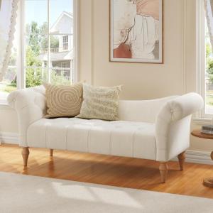 Christopher Knight Home Ucal Velvet Upholstered End of Bed Ottoman, Wooden Living Room Ottoman Bench with Curved Arms, Long Entryway Bench with Button Tufting, Long Seating for Bedroom, Pink(Beige)