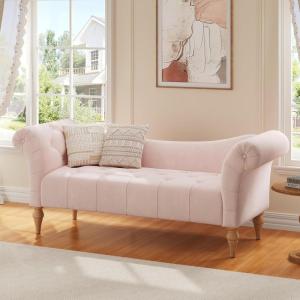 Christopher Knight Home Ucal Velvet Upholstered End of Bed Ottoman, Wooden Living Room Ottoman Bench with Curved Arms, Long Entryway Bench with Button Tufting, Long Seating for Bedroom, Pink(Pink)