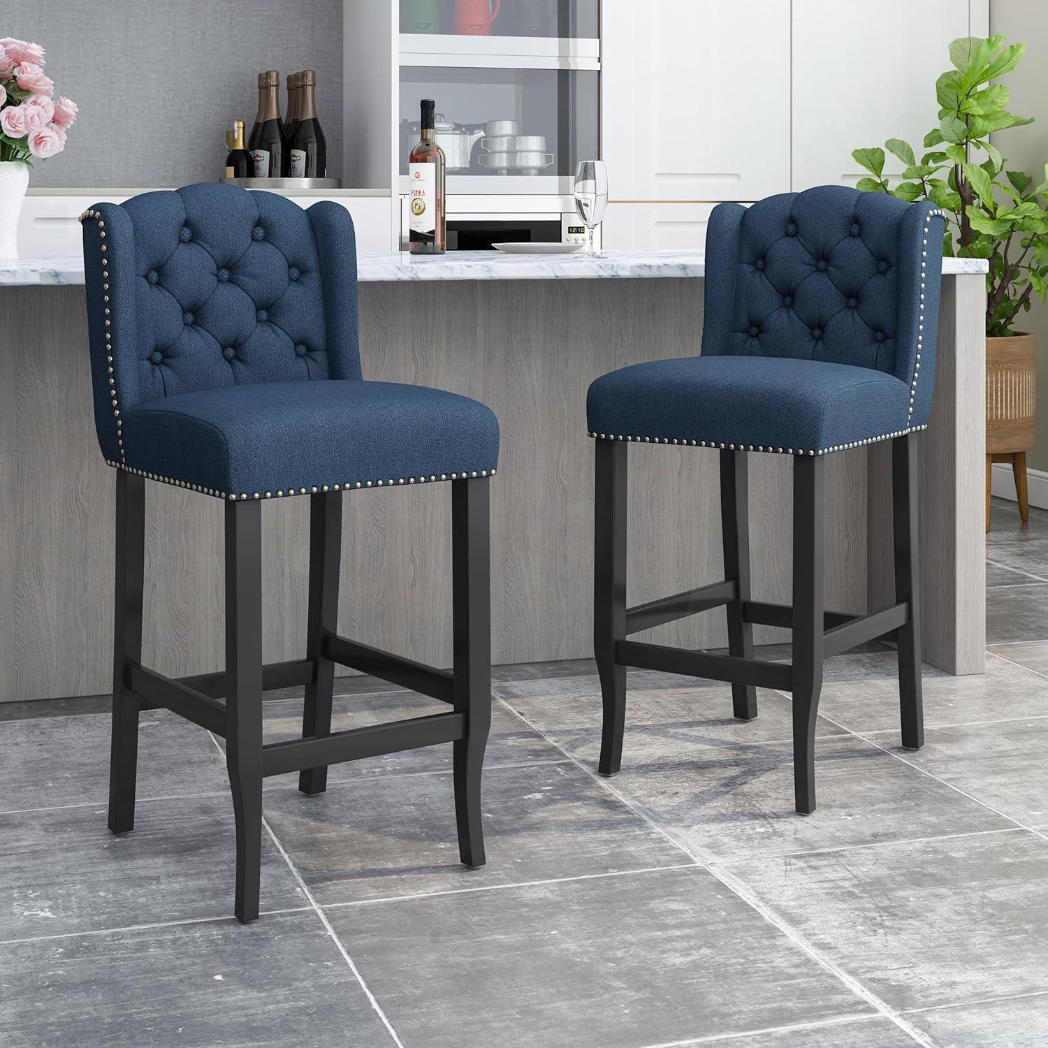 image:imageChristopher Knight Home Foxwood Wingback Barstools Set of 2 Navy Blue and Dark Brown