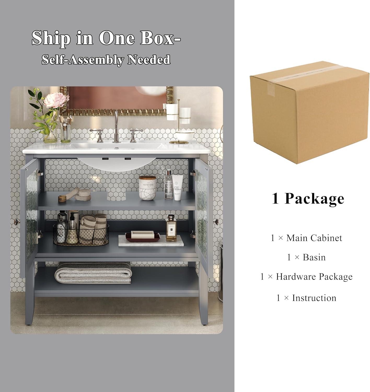 image:imageChristopher Knight Home Narrot Modern 36 Bathroom Vanity with Ceramic Sink Wooden Bathroom Vanity Organizer with Adjustable Shelf Soft Closing Door Bathroom Storage Cabinet BlackGrey