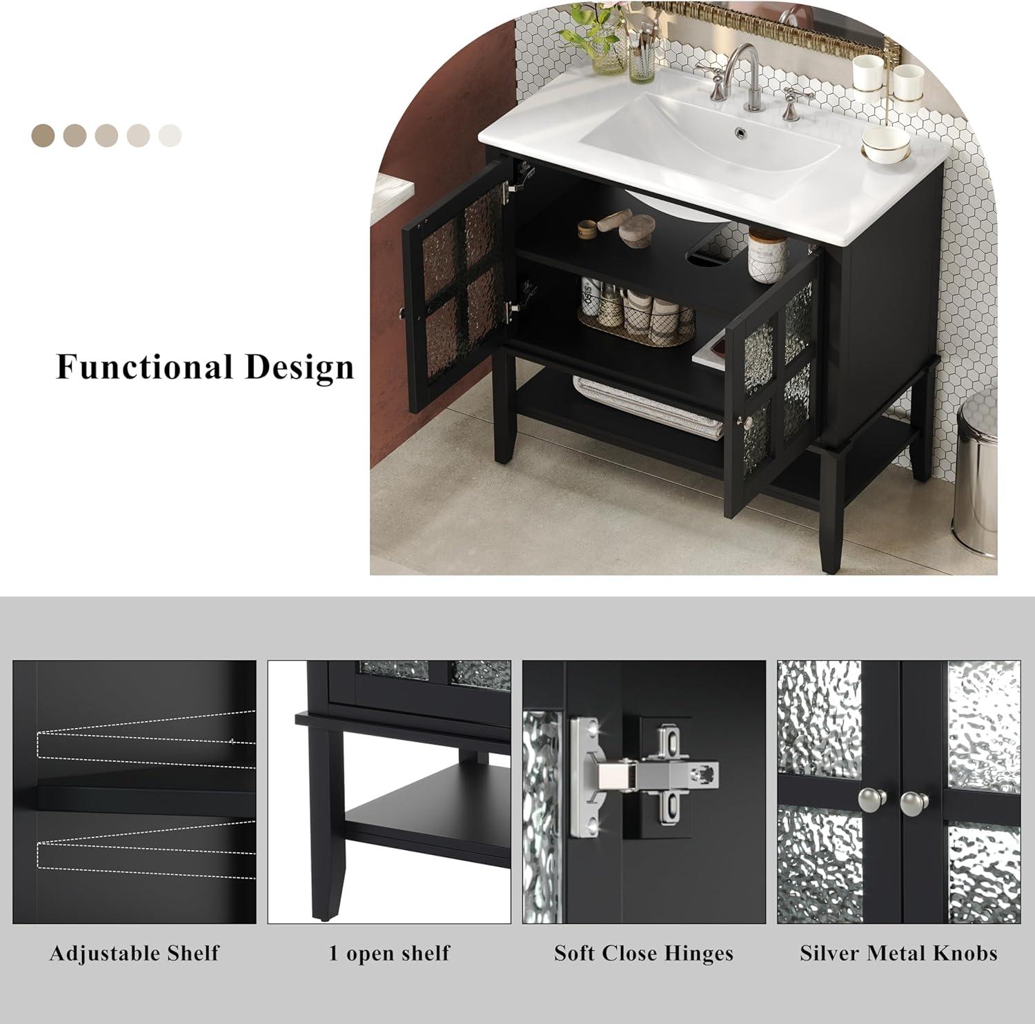 image:imageChristopher Knight Home Narrot Modern 36 Bathroom Vanity with Ceramic Sink Wooden Bathroom Vanity Organizer with Adjustable Shelf Soft Closing Door Bathroom Storage Cabinet BlackBlack