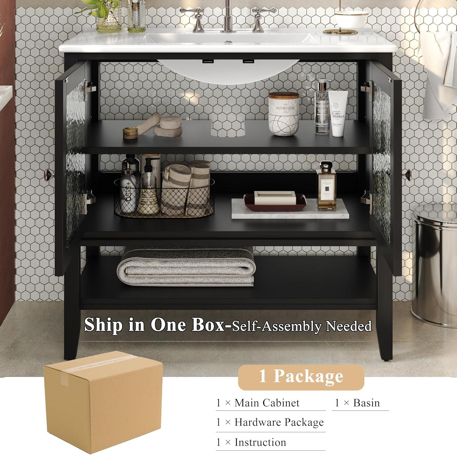 image:imageChristopher Knight Home Narrot Modern 36 Bathroom Vanity with Ceramic Sink Wooden Bathroom Vanity Organizer with Adjustable Shelf Soft Closing Door Bathroom Storage Cabinet BlackBlack