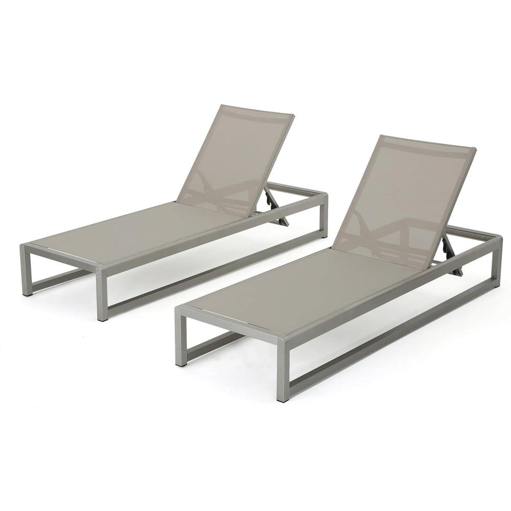 image:imageChristopher Knight Home California Outdoor Mesh Chaise Lounge with Aluminum Frame 2Pcs Set Grey Silver