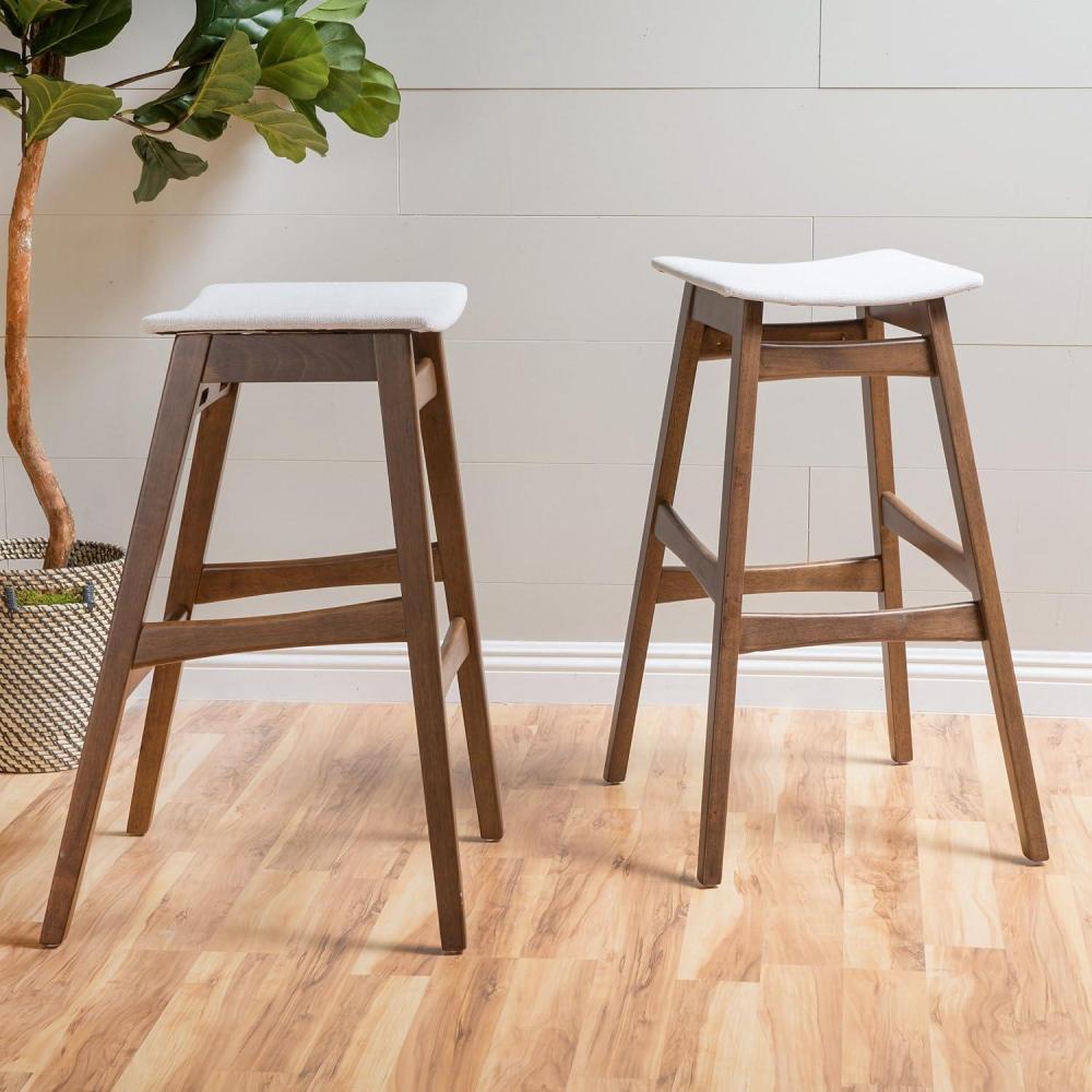 image:imageChristopher Knight Home Emmaline Fabric  Walnut Finish Bar Stools 2Pcs Set Light Beige