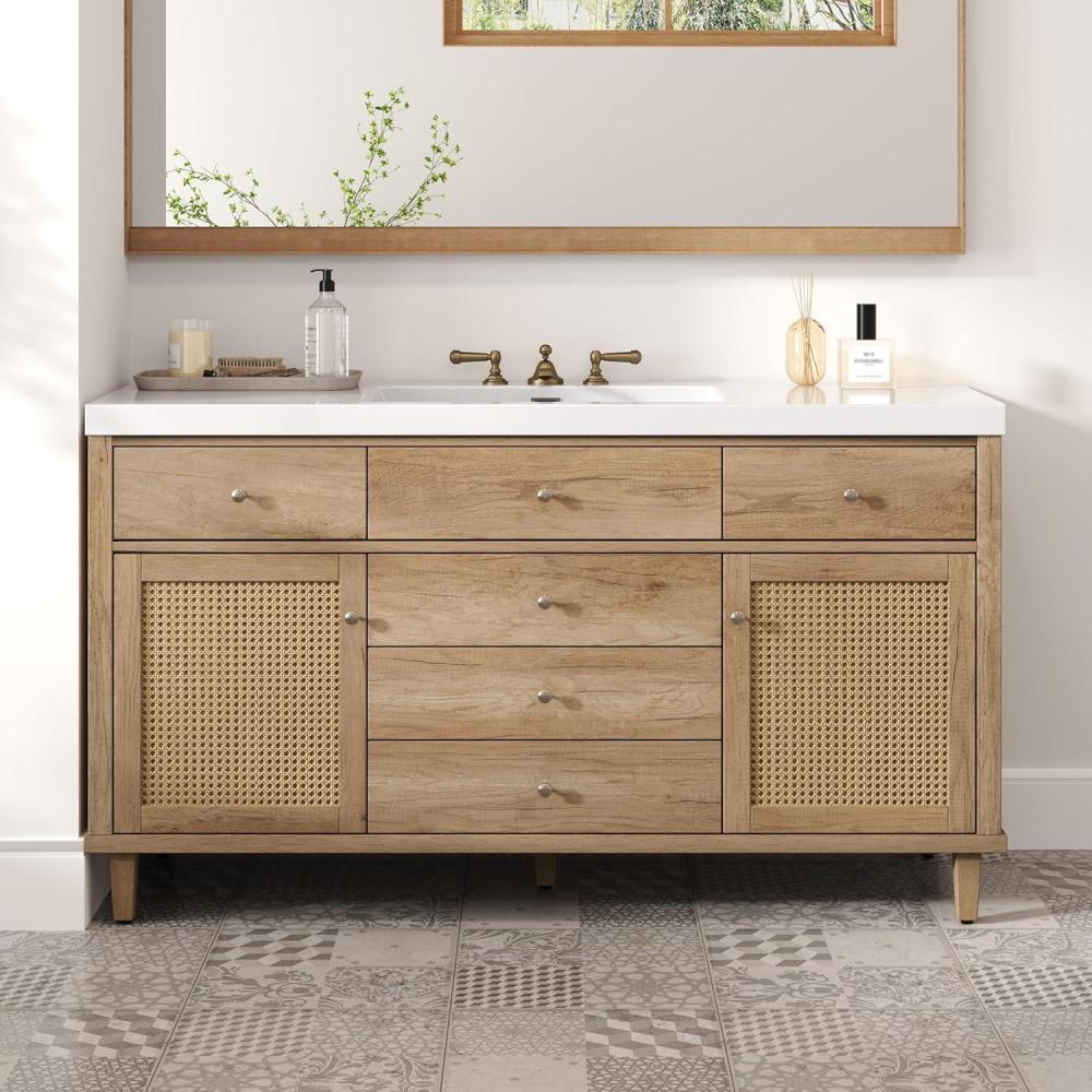 image:imageChristopher Knight Home Gavine 60 Bathroom Vanity with SMC Sink Modern Bathroom Storage Cabinet with Drawer Wooden Large Bathroom Sink Vanity Combo Set Natural BrownNatural Brown
