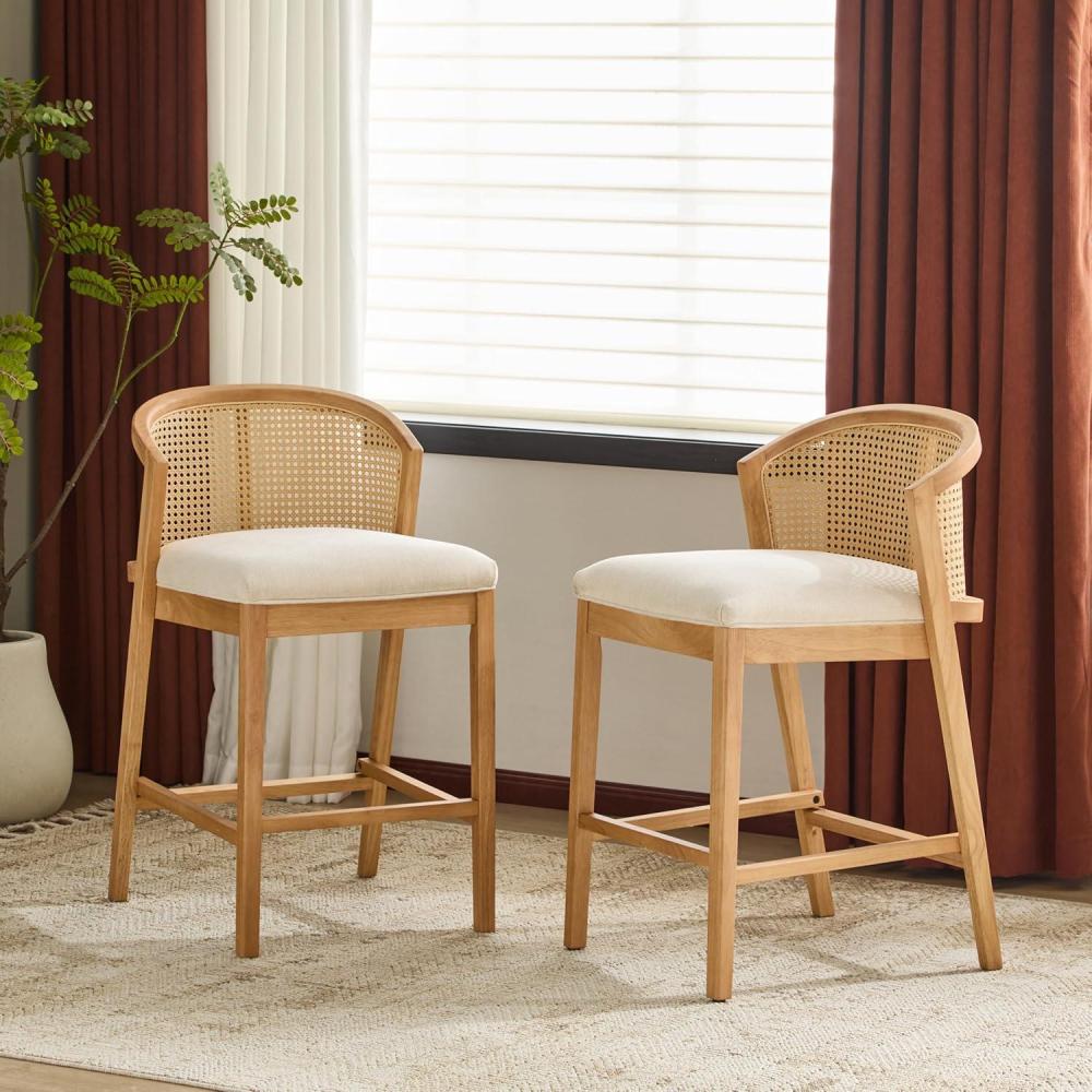 image:imageChristopher Knight Home JENA Rattan Counter Stools Set of 2 Counter Height Bar Stools for Bar Table Rubberwood Frame with Upholstered Barstools Wood Accent Chair with Footrest Beige  WalnutBeige  Natural