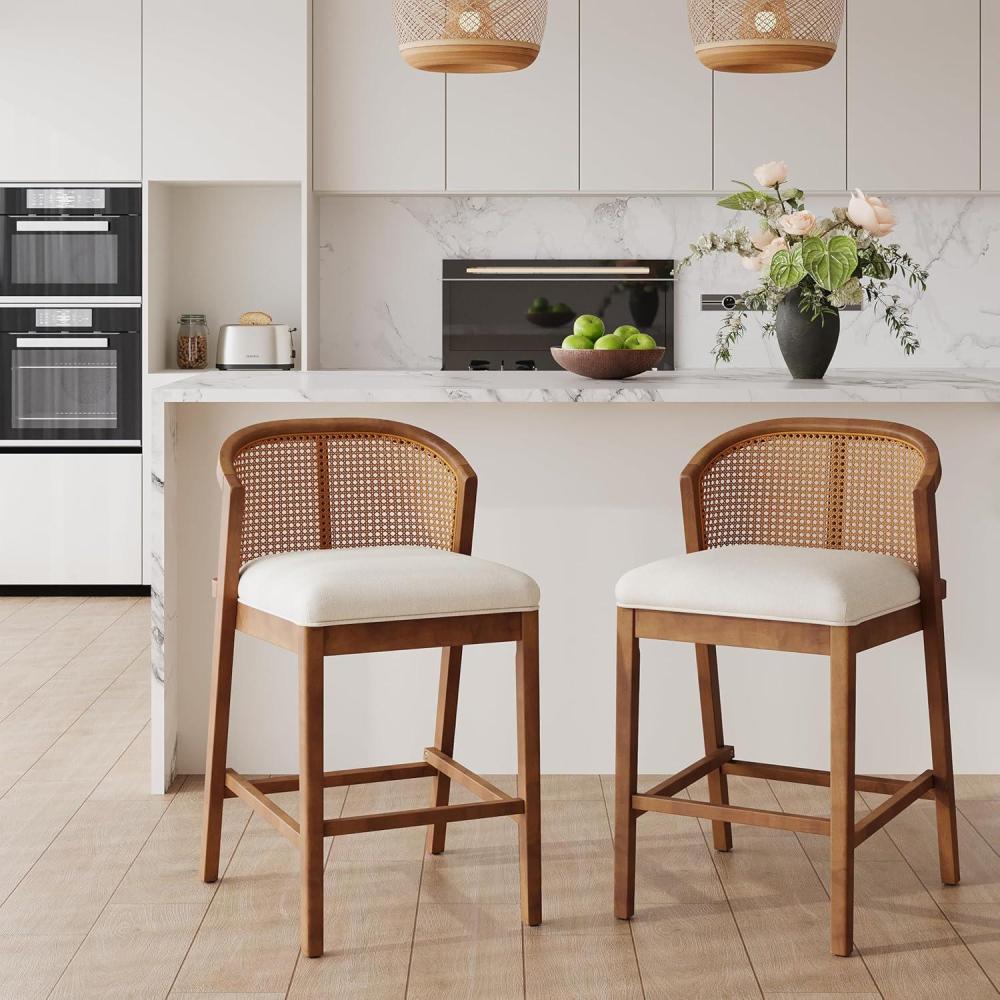 image:imageChristopher Knight Home JENA Rattan Counter Stools Set of 2 Counter Height Bar Stools for Bar Table Rubberwood Frame with Upholstered Barstools Wood Accent Chair with Footrest Beige  WalnutBeige  Walnut