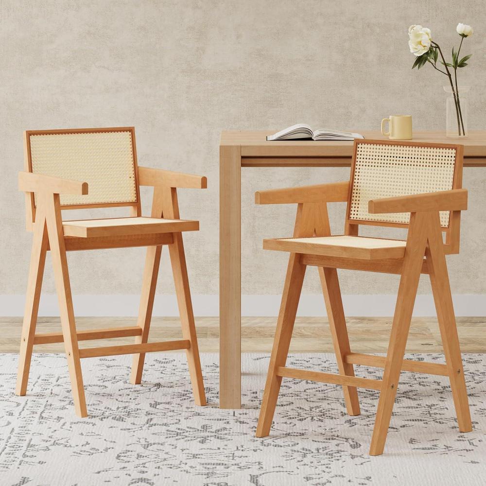 image:imageChristopher Knight Home Loftia Minimalist Barstool Set of 2 Modern Bar Stools with Cane Seat Rubberwood Frame Bistro Chairs Kitchen Stools Comfy Seating for Island 27Seat Height BlackNaturalNatural