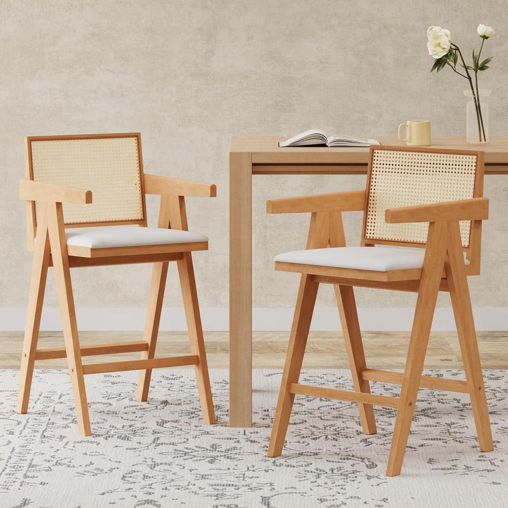 image:imageChristopher Knight Home Loftia Upholstered Barstool Set of 2 Bar Stools with Woven Cane Plastic Backrest Bistro Chairs Kitchen Stools Comfy Seating for Island 27Seat Height BlackCream GrayNaturalcream
