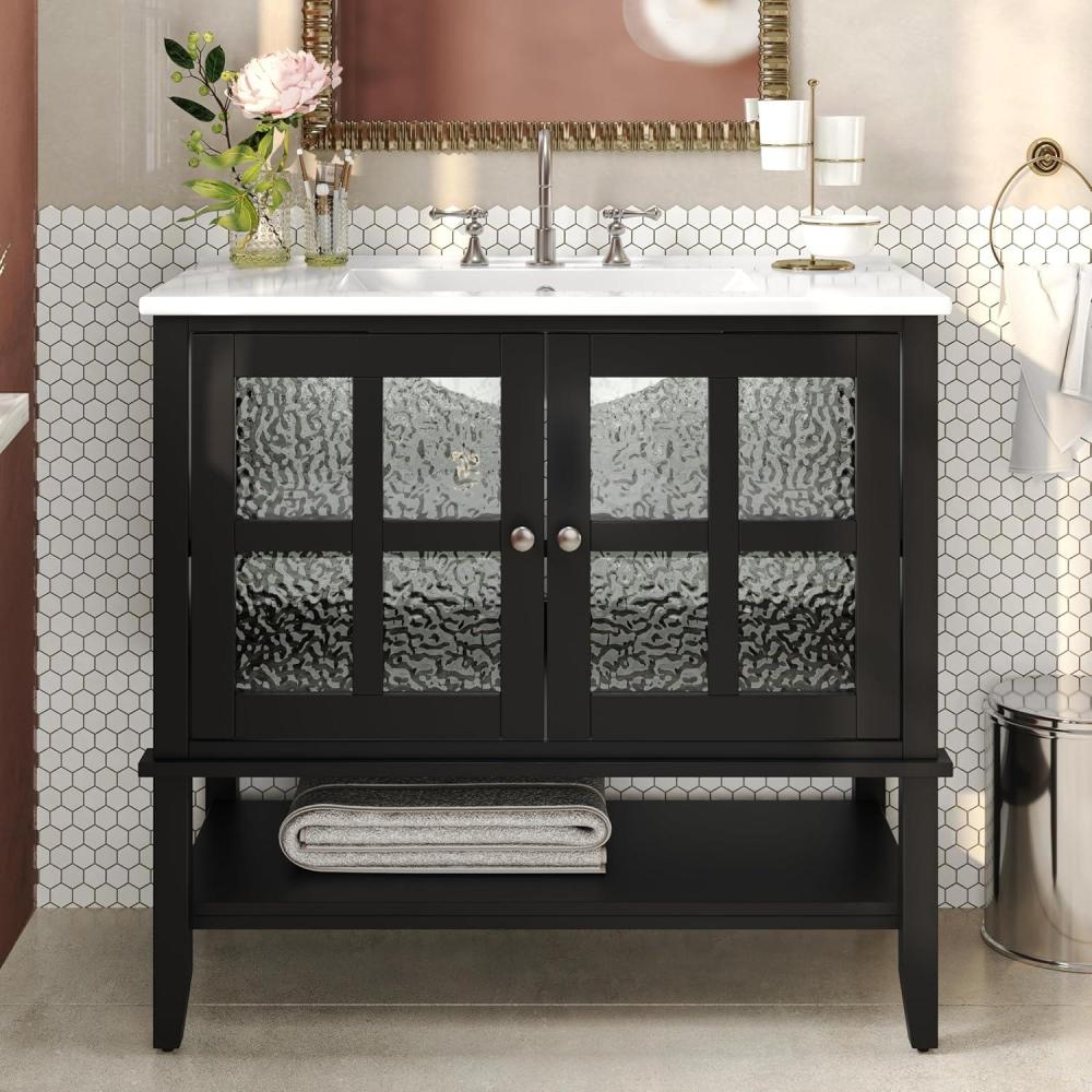 image:imageChristopher Knight Home Narrot Modern 36 Bathroom Vanity with Ceramic Sink Wooden Bathroom Vanity Organizer with Adjustable Shelf Soft Closing Door Bathroom Storage Cabinet BlackBlack
