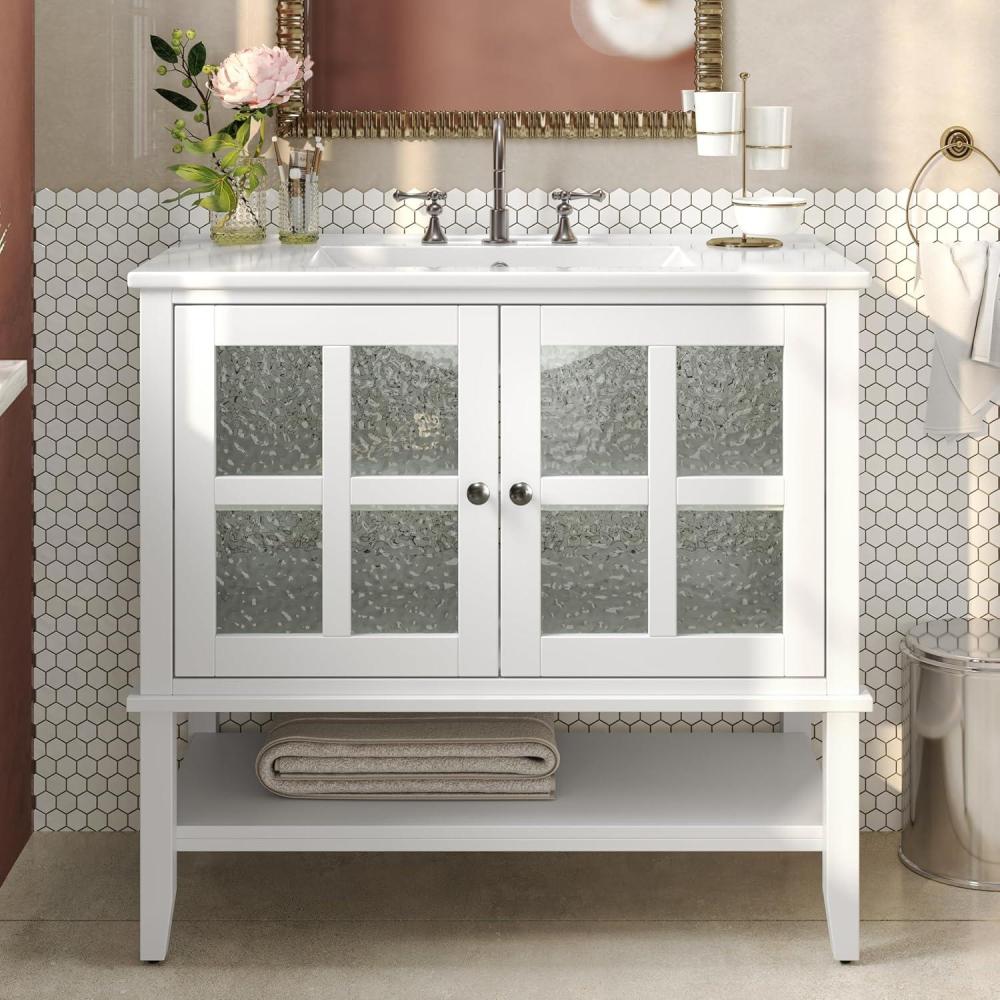 image:imageChristopher Knight Home Narrot Modern 36 Bathroom Vanity with Ceramic Sink Wooden Bathroom Vanity Organizer with Adjustable Shelf Soft Closing Door Bathroom Storage Cabinet BlackWhite