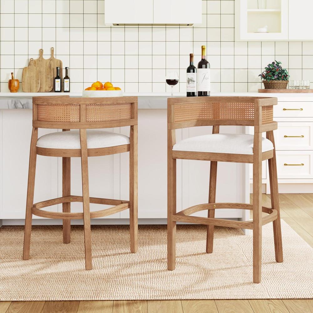 image:imageChristopher Knight Home Tawny Wooden Bar Stool Set of 2 Stools for Kitchen Island Fabric Upholstered Counter Height Stool Round Backrest Cocktail Stool for Bar Table BeigeNatural OakBeigenatural Oak