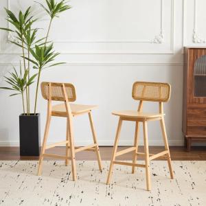Christopher Knight Home Bari Minimalist Wood Barstool Set of 2, Bar Chairs Kitchen Stools with Wicker Backrest, Modern Armless Stools for Kitchen Island, 25.75” Seat Height, Walnut Finish(Natural Finish)