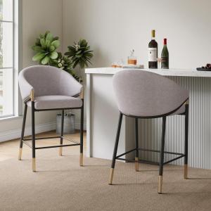 Christopher Knight Home Jymer Modern Counter Stool Set of 2, Kitchen Counter Height Bar Stool, Cocktail Stool with Curved Backrest, Fabric Upholstered Armchair for Home Bar Table, Grey+Gold+Black(Grey+gold+black)