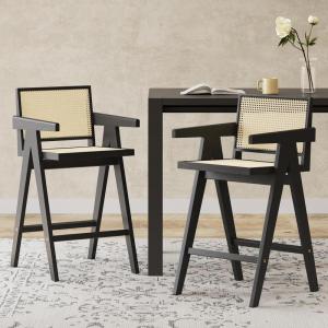 Christopher Knight Home Loftia Minimalist Barstool Set of 2, Modern Bar Stools with Cane Seat Rubberwood Frame, Bistro Chairs Kitchen Stools, Comfy Seating for Island, 27”Seat Height, Black+Natural(Black+natural)