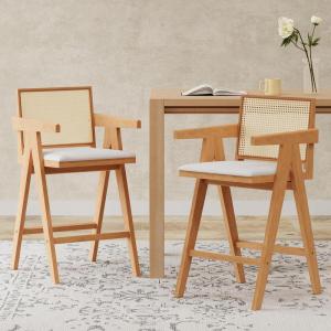 Christopher Knight Home Loftia Upholstered Barstool Set of 2, Bar Stools with Woven Cane Plastic Backrest, Bistro Chairs Kitchen Stools, Comfy Seating for Island, 27”Seat Height, Black+Cream Gray(Natural+cream)
