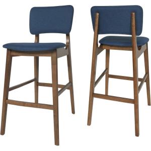 Christopher Knight Home Luella 42″ Wooden Bar Chair with Fabric Seats (Set of 2), Dark Blue and Walnut Finish