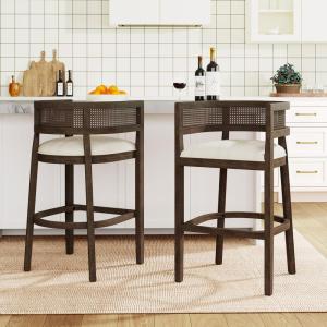 Christopher Knight Home Tawny Wooden Bar Stool Set of 2, Stools for Kitchen Island, Fabric Upholstered Counter Height Stool, Round Backrest Cocktail Stool for Bar Table, Beige+Natural Oak(Beige+walnut)