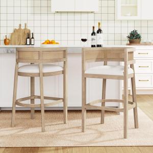 Christopher Knight Home Tawny Wooden Bar Stool Set of 2, Stools for Kitchen Island, Fabric Upholstered Counter Height Stool, Round Backrest Cocktail Stool for Bar Table, Beige+Natural Oak(Beige+natural Ash)