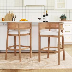 Christopher Knight Home Tawny Wooden Bar Stool Set of 2, Stools for Kitchen Island, Fabric Upholstered Counter Height Stool, Round Backrest Cocktail Stool for Bar Table, Beige+Natural Oak(Beige+natural Oak)