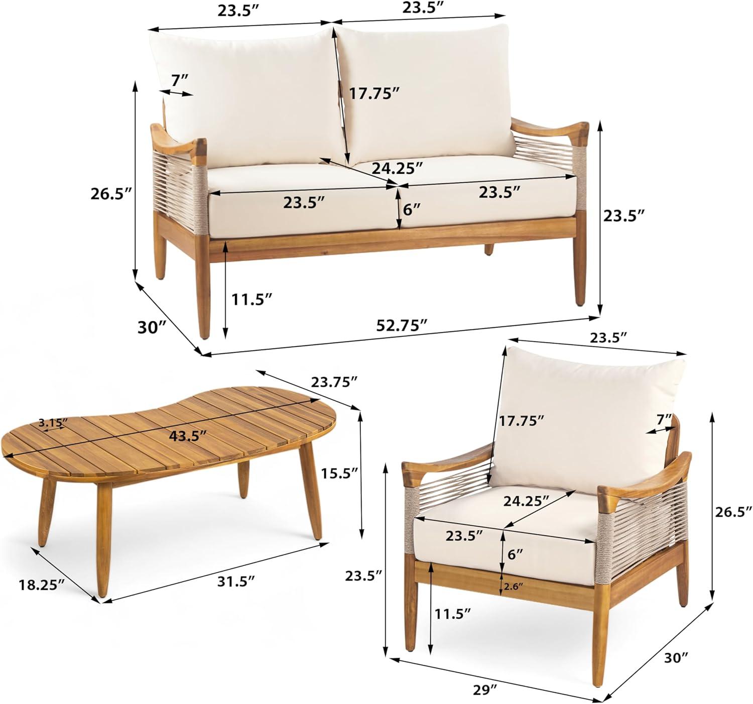 image:imageChristopher Knight Home Havets 4 Piece Patio Conversation Sets Outdoor Acacia Wood Patio Seating GroupWoven Rope Loveseat Chairs with Cushions and Coffee Table for Porch Backyard Balcony TeakBeigeTeakbeige 4 Pcs Set