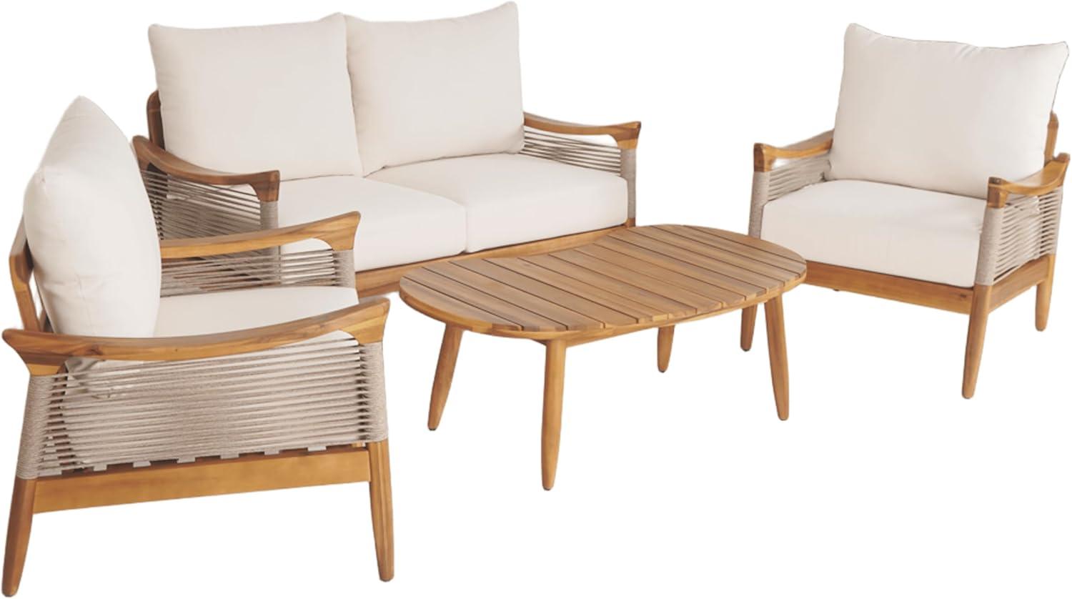 image:imageChristopher Knight Home Havets 4 Piece Patio Conversation Sets Outdoor Acacia Wood Patio Seating GroupWoven Rope Loveseat Chairs with Cushions and Coffee Table for Porch Backyard Balcony TeakBeigeTeakbeige 4 Pcs Set