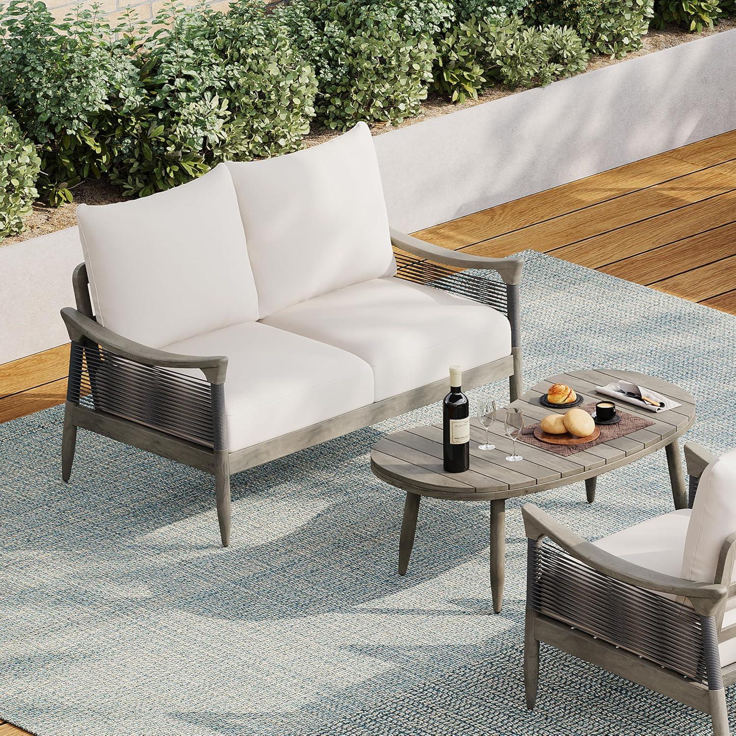 image:imageChristopher Knight Home Havets 4 Piece Patio Conversation Sets Outdoor Acacia Wood Patio Seating GroupWoven Rope Loveseat Chairs with Cushions and Coffee Table for Porch Backyard Balcony TeakBeigeGraybeige 2 Pcs Set