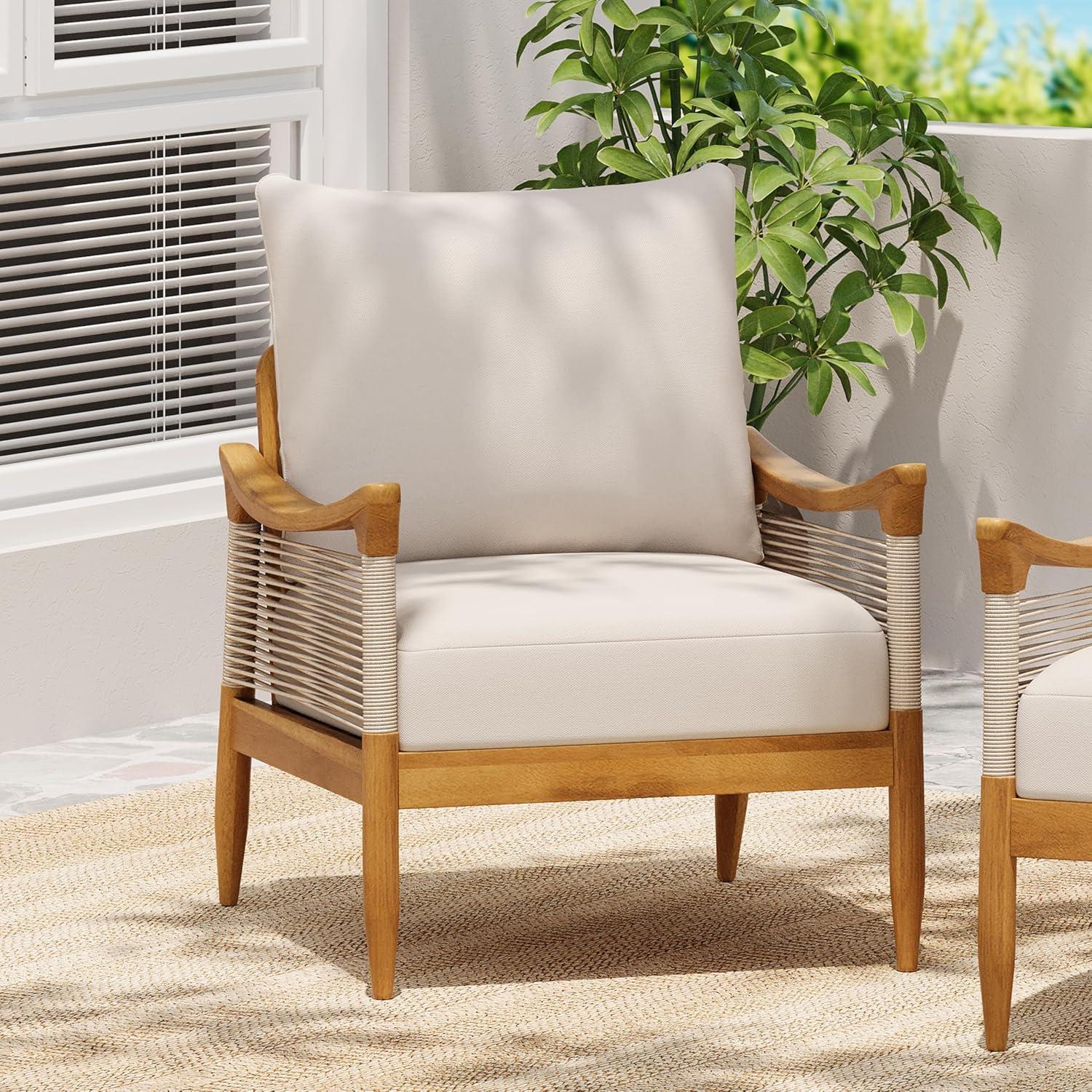 image:imageChristopher Knight Home Havets Patio Acacia Wood Club Chair with Woven Rope Comfortable Outdoor Armchair WaterRepellent Thick Cushion Deep Seating for Porch Garden Backyard Balcony GrayBeigeTeakbeige