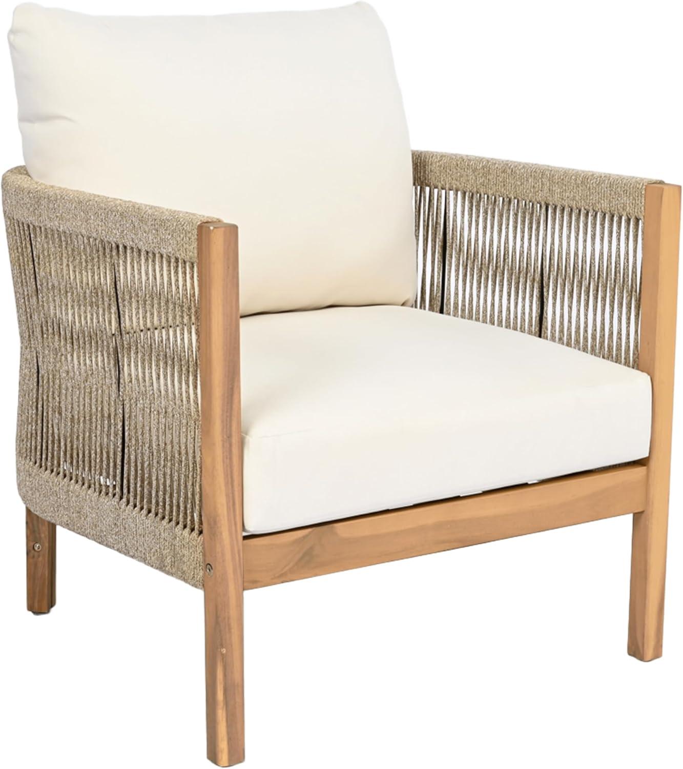 image:imageChristopher Knight Home Havets Patio Accent Chair Acacia Wood Club Chair Woven Rope Open Back Armchair 6 Thick Cushion Outdoor Comfort Seating Single Sofa for Backyard Garden Poolside GrayBeigeTeakbeige