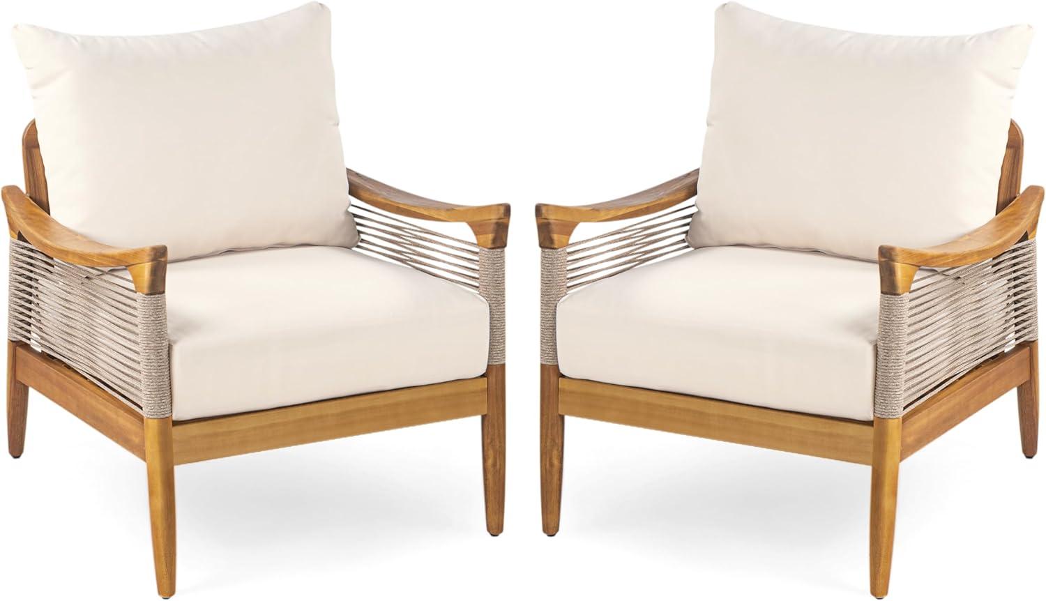 image:imageChristopher Knight Home Havets Set of 2 Patio Acacia Wood Club Chair with Woven Rope Outdoor Armchair WaterRepellent Thick Cushion Deep Seating for Porch Garden Backyard Balcony TeakBeigeTeakbeige