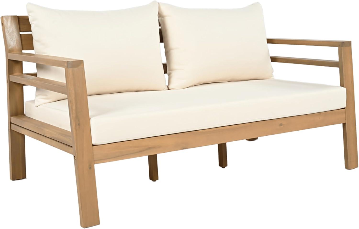 image:imageChristopher Knight Home Jamaia 4 Pieces Acacia Furniture Set Patio Conversation Chat 2Seat Sofa Set with Coffee Table Outdoor Loveseat Chair Set for Garden Porch Backyard Balcony Light TeakBeigeLight Teakbeige 2 Pcs Set