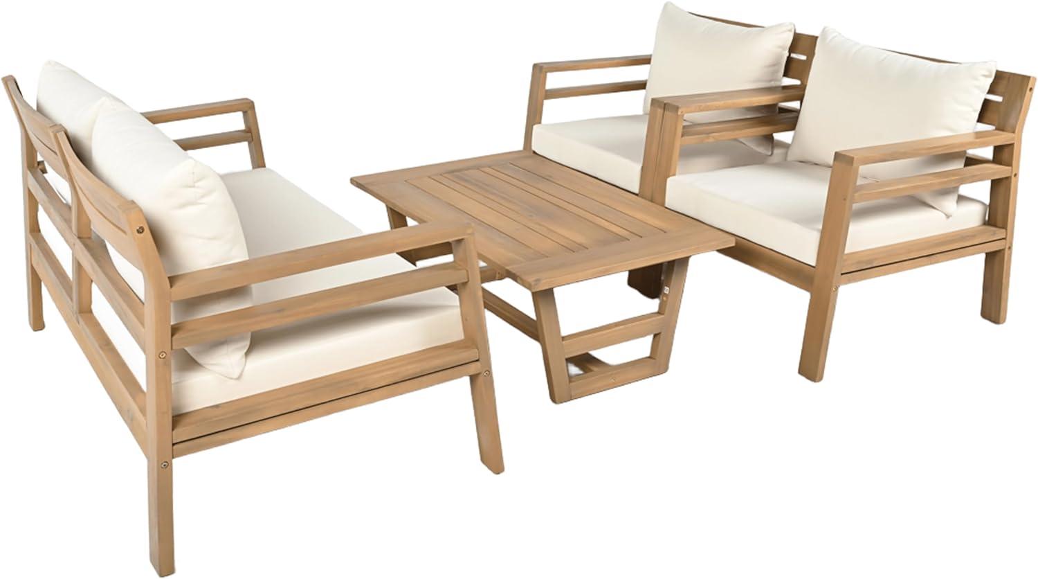 image:imageChristopher Knight Home Jamaia 4 Pieces Acacia Furniture Set Patio Conversation Chat 2Seat Sofa Set with Coffee Table Outdoor Loveseat Chair Set for Garden Porch Backyard Balcony Light TeakBeigeLight Teakbeige 4 Pcs Set