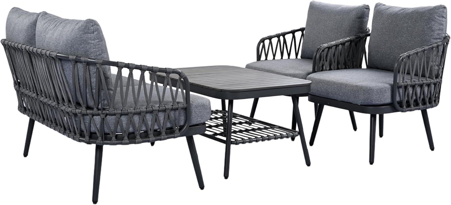 image:imageChristopher Knight Home Lena Patio Conversation Set Two Club Chairs Rope Woven Loveseat Metal Frame Armchair Rectangular Coffee Table Outdoor Side Table and Chair Set for Backyard BlackGrayBlackgray