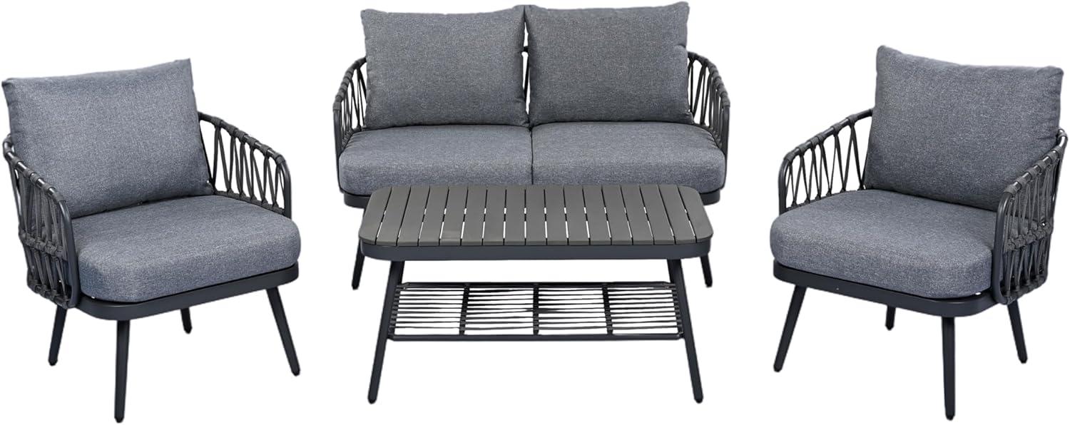image:imageChristopher Knight Home Lena Patio Conversation Set Two Club Chairs Rope Woven Loveseat Metal Frame Armchair Rectangular Coffee Table Outdoor Side Table and Chair Set for Backyard BlackGrayBlackgray